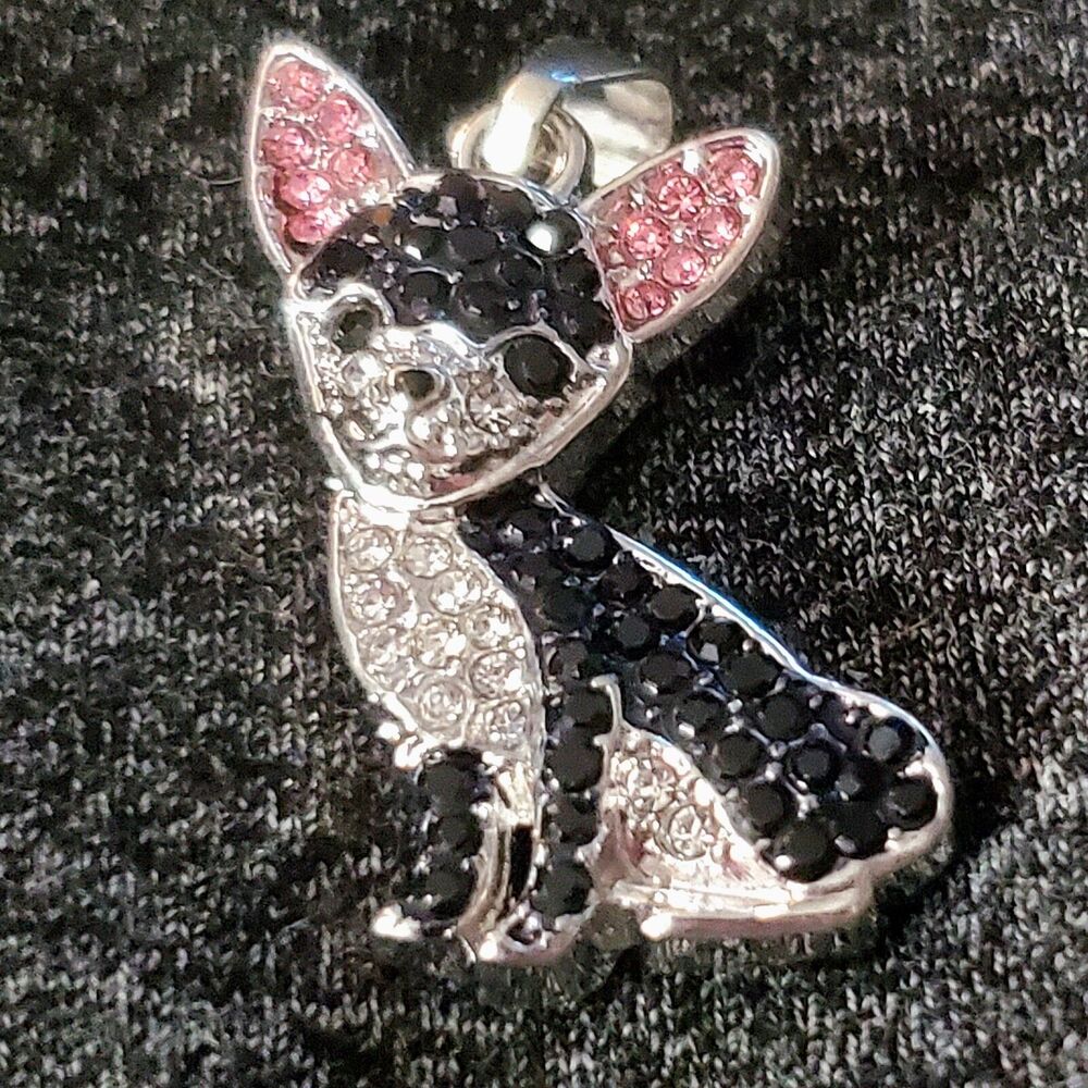 Chihuahua Rhinestone Dog Pendant Silvertone Necklace 19" Puppy Pet Softgirl